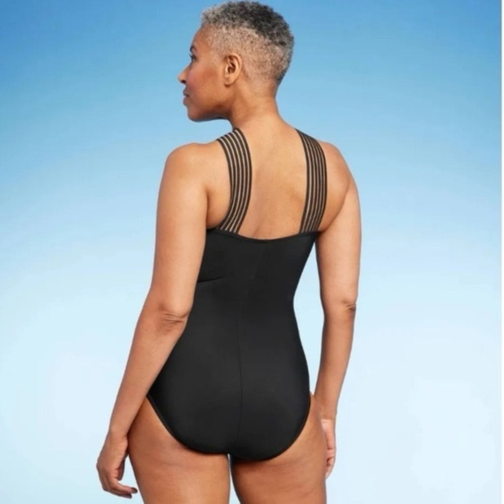 Aqua Green Black One Piece Swimsuit Crossover Strap Ruched Front Womens M - Picture 2 of 6
